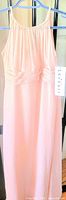 Front view of full length pink Bill Levkoff dress with tag
