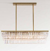 Full view of chandelier showing rectangular brass frame and crystal prisms