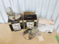 Two Gemini light fixture boxes, one fixture displayed, Sylvania Smart+ bulb package