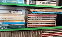 Stacked art books on shelf