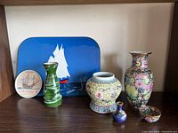 Full group of tray, sake bottle, porcelain pieces, cloisonné vase, coaster