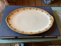 Top view of Vignaud Limoges porcelain oval platter with ornate border