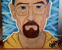 Full view of stylized portrait painting on wood board showing subject and background