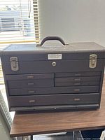 Toolbox closed showing drawers, latches, handle
