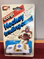 Front view of sealed Corgi Hockey Trading Cars package showing car and graphics