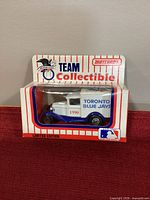 Front of sealed Matchbox Team Collectible Toronto Blue Jays delivery truck in box