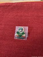 Front view of enamel lapel pin in protective plastic showing design and text