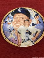 Front view of porcelain plate showing Mickey Mantle artwork and gold rim
