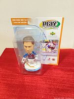 Front view of sealed Patrick Roy bobblehead in Play Makers package