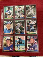 Album page showing nine 1985 Leaf cards including Roger Clemens, Steve Kie, Tom Seaver, Andre Thornton, Kirk Gibson, Ted Simmons, David Palmer, Roy Lee Jackson, Kirby Puckett