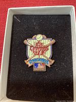 Front view of enamel pin in box showing full design