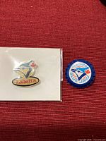 Both pins side by side showing size and logos