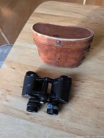Binoculars front view beside closed leather case