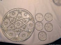 overhead view of round tray and five coasters displaying pattern and count