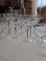 Group view of assorted stemware showing black inlay stems and coupe shapes