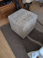 Front angled view of cheetah print cube ottoman on rug