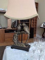 Front view of parrot motif resin lamp with fabric shade