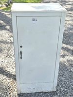 Front view of closed white metal cabinet