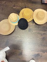 All five hats laid out together showing colours and styles