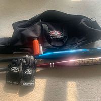 All items together: Easton bag, both bats, gloves, softener, wax
