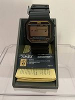 Front view of Timex Marathon watch in original box with instruction sheet visible