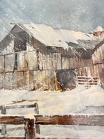 Snowy barn landscape print detail