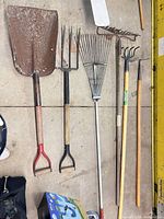 All five long-handled garden tools laid out on floor