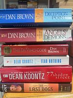 Stack with Dan Brown and Dean Koontz titles plus The Last Dogs