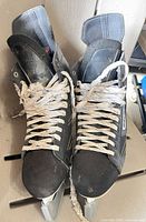 Front view pair Bauer Impact 100 skates showing frayed laces and wear