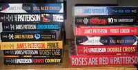 All 13 James Patterson books stacked; left stack showing seven paperbacks Kill Alex Cross, Toys, London Bridges, Witch & Wizard / The Gift, Private, Worst Case, Cross Country