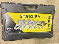 Closed Stanley tool set case showing exterior branding and piece count