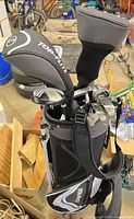 Full view of stand bag loaded with clubs, headcovers visible
