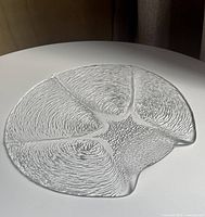 Top view of clear crystal sand dollar platter showing textured pattern