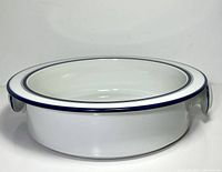 Side view showing bowl profile, rim band and knob handles