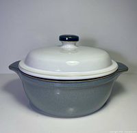 Front view of Denby Jet covered casserole with lid in place