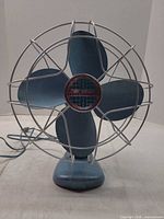 Front view of Electrohome blue metal desk fan with wire cage