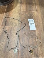 Entire lot showing link chain necklace with pendants and wire-form keychain