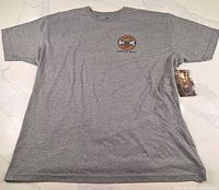 Full view of gray 2XL T-shirt with front logo and hangtag