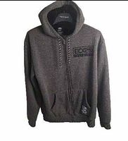 Full view of heather grey Ecko Unltd. sherpa hoodie on hanger