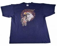 Front view of blue 2XL T-shirt displaying bald eagle, feathers and dream catcher artwork
