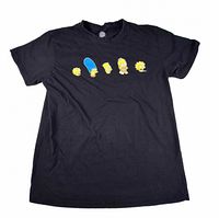Full view of front of black T-shirt displaying The Simpsons family head graphics