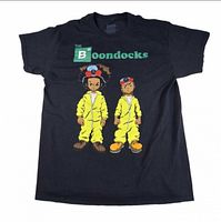 Front view of black T-shirt with graphic logo and characters