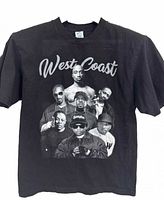 Front of black T-shirt with West Coast rappers graphic