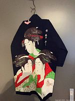 Back of navy happi coat showing geisha artwork