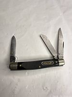 Knife fully opened showing three blades and handle