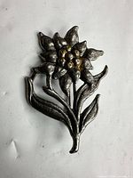 Front view showing floral leaf design, gold accents and rhinestones