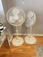 Both pedestal fans standing side by side showing full height and bases