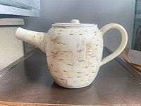 Side view of ceramic teapot showing body, spout, handle and birch bark pattern