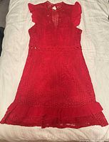 Front view of red lace sleeveless dress with ruffle sleeves and hem