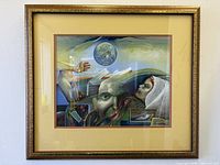 Full view of framed painting showing artwork, mats and frame